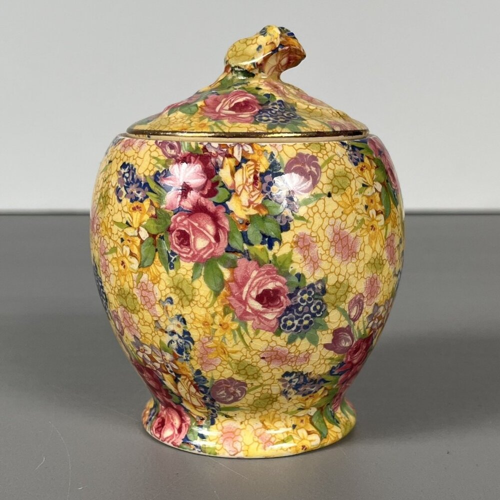 RARE Vtg Welbeck Royal Winton ROSEBUD Chintz Decor On Yellow Jam/Jelly & Lid
